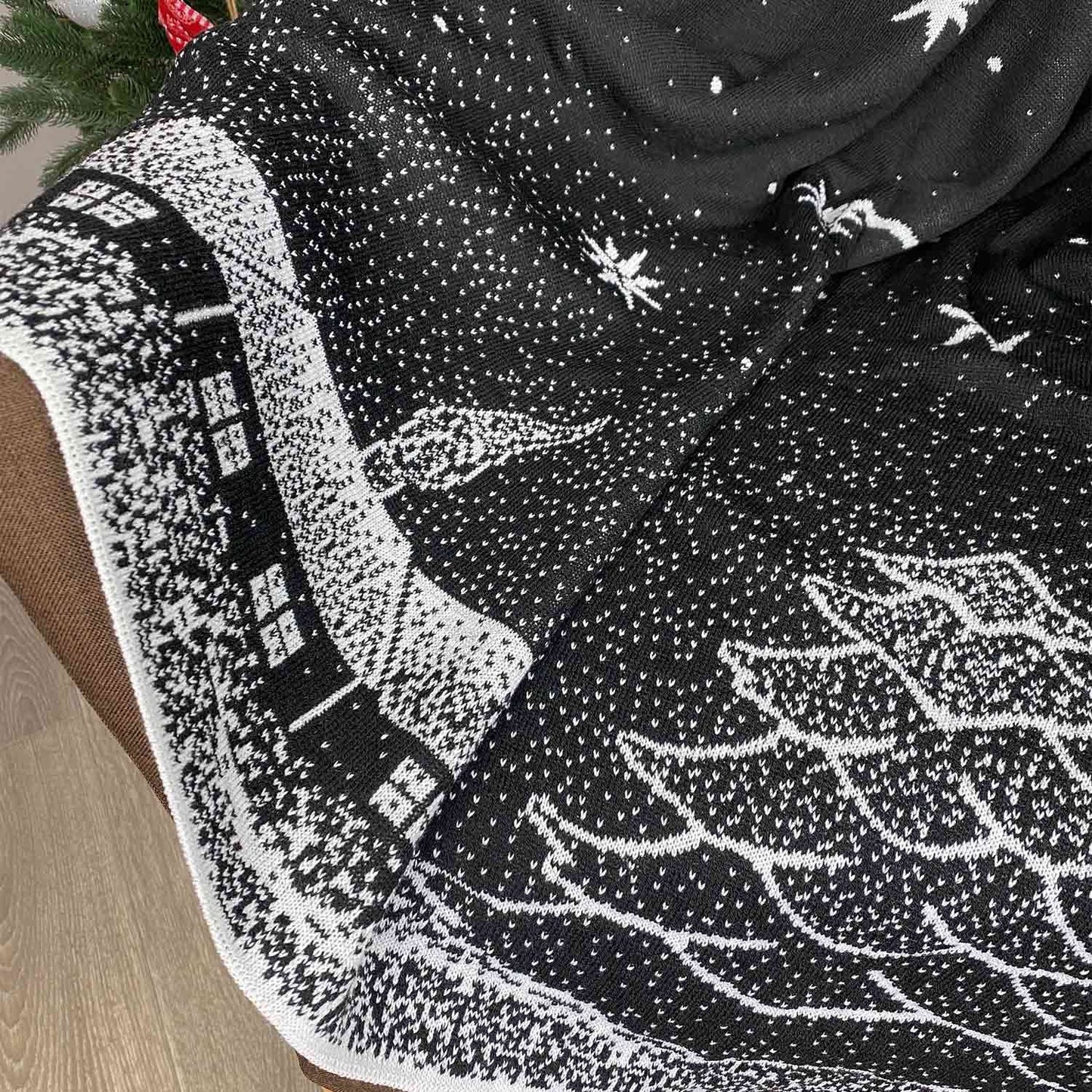Two Sided Black And White Christmas Knitted Blanket With Stars, X-mas Tree | Winter Holiday Housewarming Gift Idea