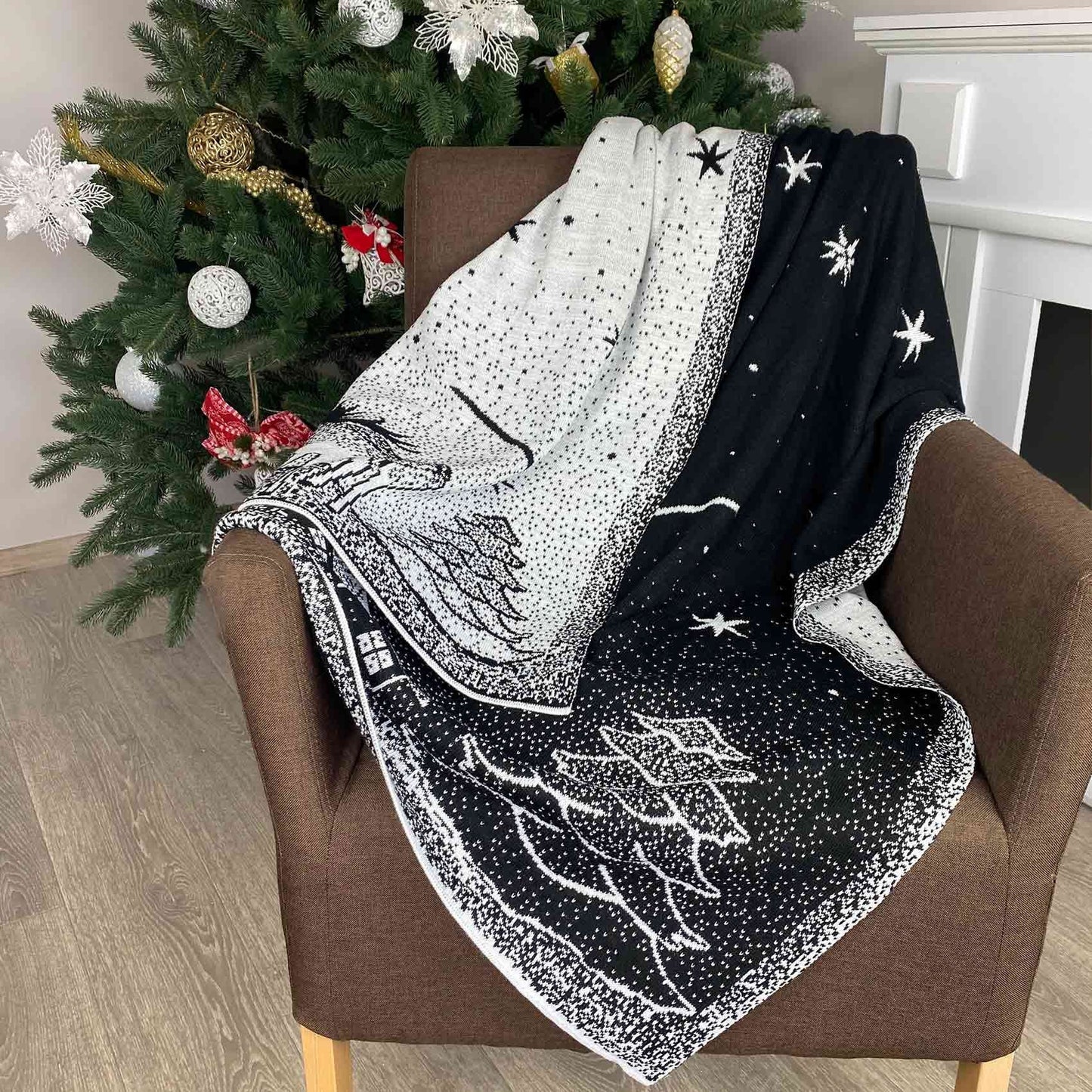 Two Sided Black And White Christmas Knitted Blanket With Stars, X-mas Tree | Winter Holiday Housewarming Gift Idea