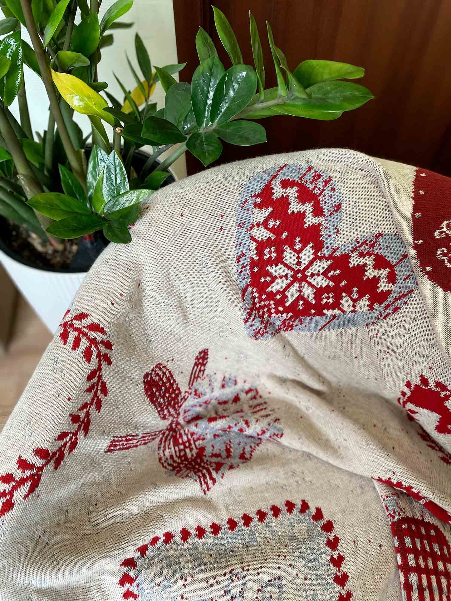 Beige Blanket With A Reindeer And Red Hearts Pattern | Festive Throw, Home Decor, Bedroom textile, Present Idea