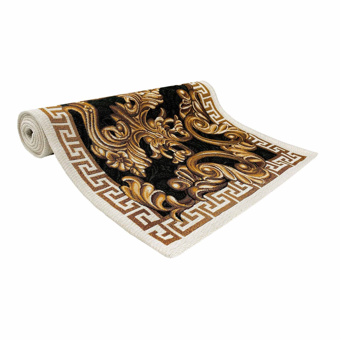Black Tapestry Table Runner With Gold Baroque Scroll Work Pattern| Luxury Home Decor, Kitchen And Living Room Textile, Housewarming Present