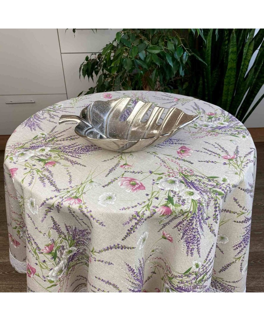 Round Cotton Tablecloth With Lavender Pattern And Lace Edging | Floral, Festive Kitchen Textile Set, Home Decor, Housewarming Present Idea