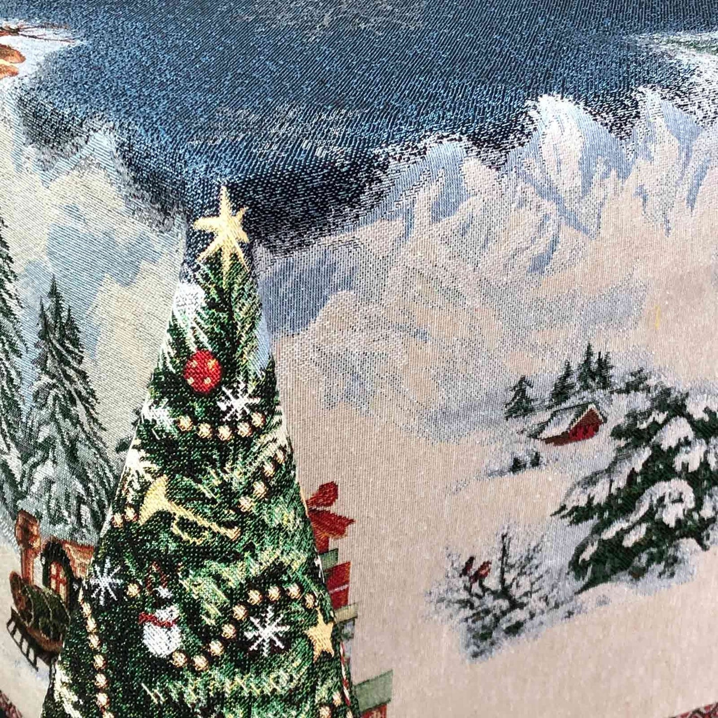 Blue Christmas Tapestry Tablecloth With X-mas Tree And Santa Claus Pattern | Festive, New Year Decor, Holiday Textile With Winter Ornament.