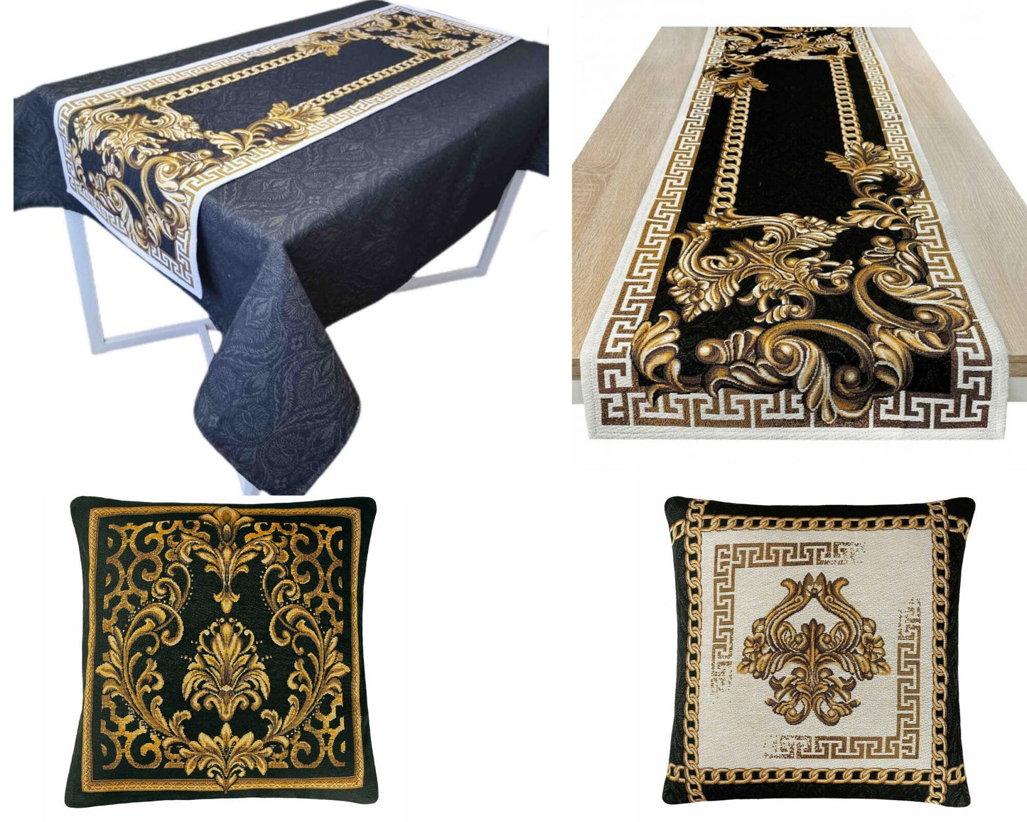 Black Tapestry Table Runner with Gold Baroque Scrollwork | Luxury Home Decor