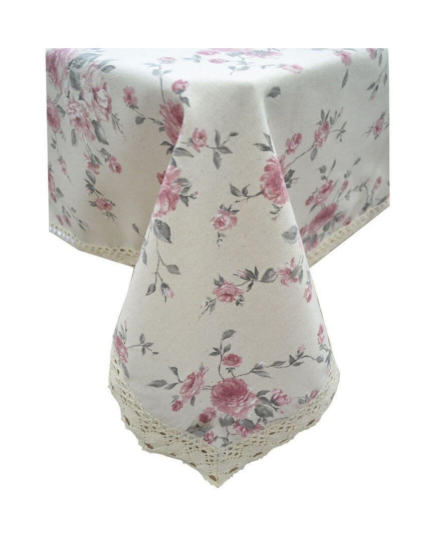 White Round Cotton Tablecloth With Pink Roses Pattern And Lace Edging | Festive Kitchen Textile Set, Home Decor, Housewarming Present Idea