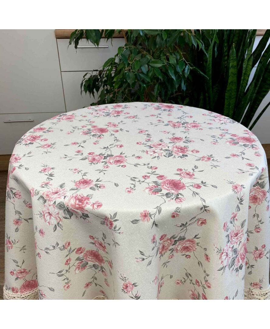 White Round Cotton Tablecloth With Pink Roses Pattern And Lace Edging | Festive Kitchen Textile Set, Home Decor, Housewarming Present Idea