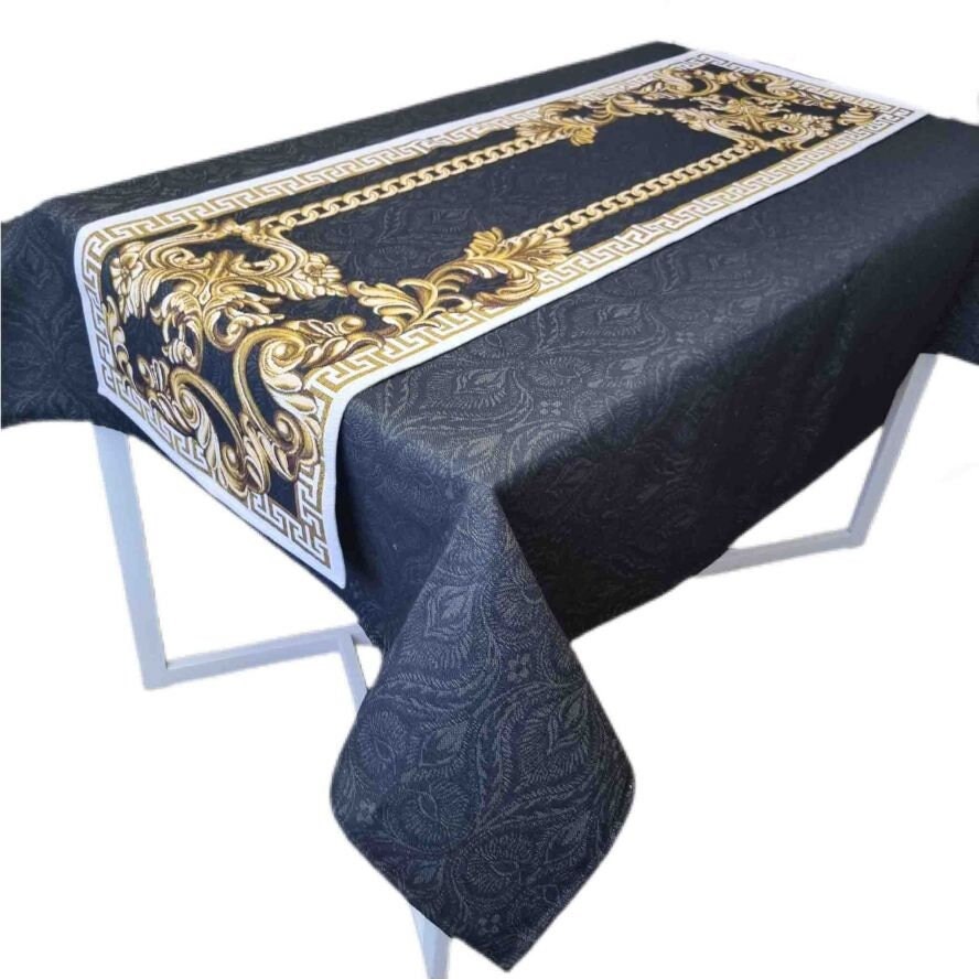Black Tapestry Tablecloth Of Baroque Style | Luxury Home Decor, Kitchen, Living Room Textile, Exclusive Housewarming Present Idea