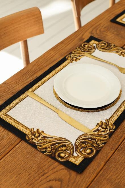 Baroque Style Tapestry Placemat With Medallion Pattern | White Cotton Golden Circle Napkin, Luxury Kitchen, Living Room Home Decor