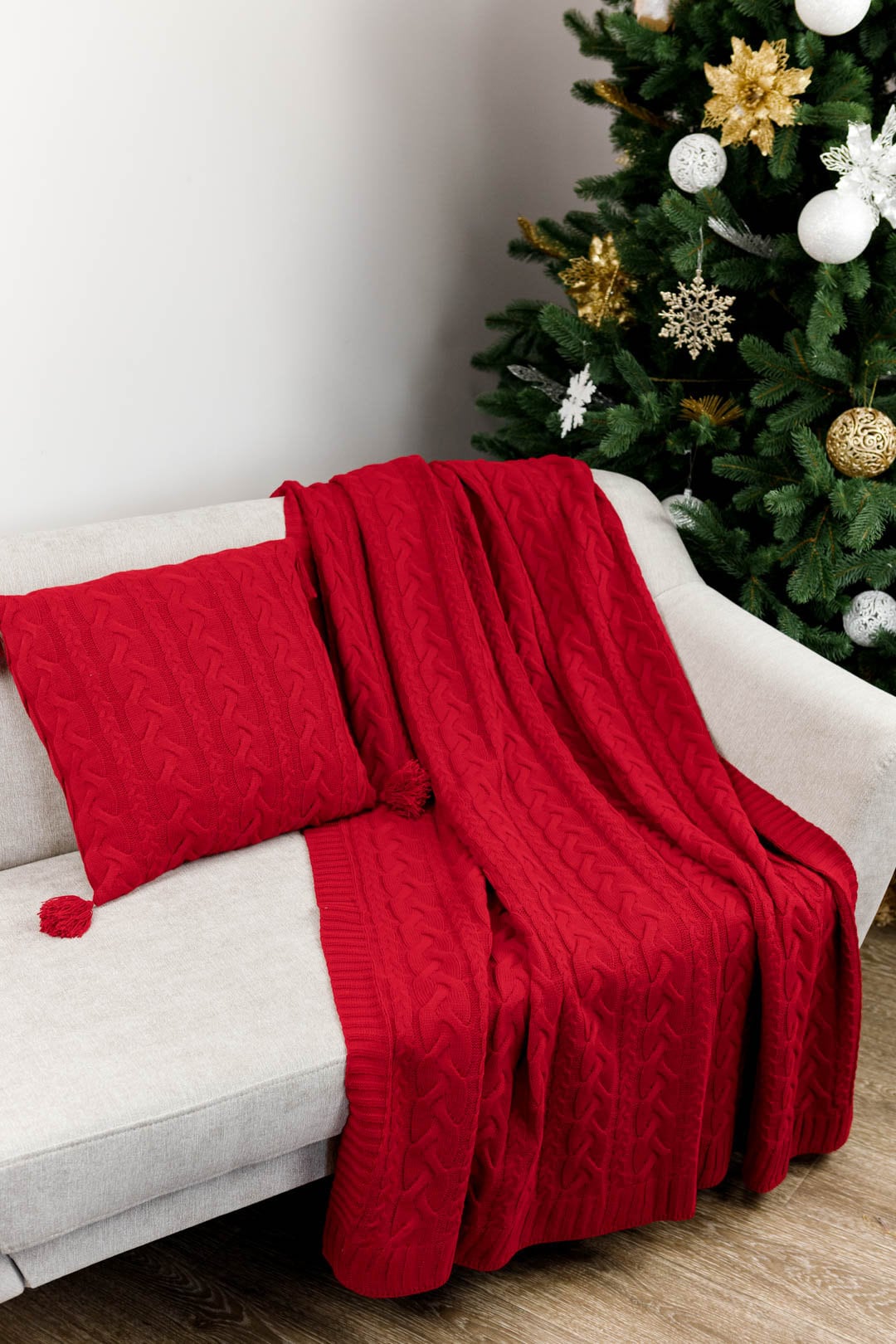 Red Cable Knitted Blanket | Warm Throw, Winter Holidays Home Decor, Housewarming Gift