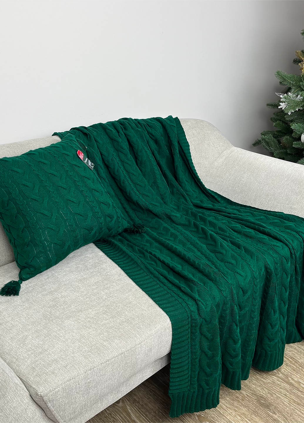Green Cable Knitted Blanket | Warm Throw, Home Decor, Housewarming Gift