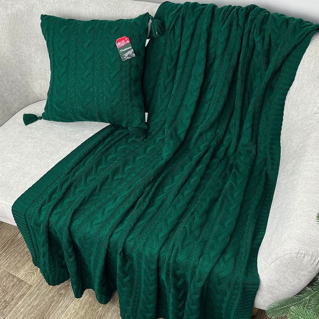 Green Cable Knitted Blanket | Warm Throw, Home Decor, Housewarming Gift