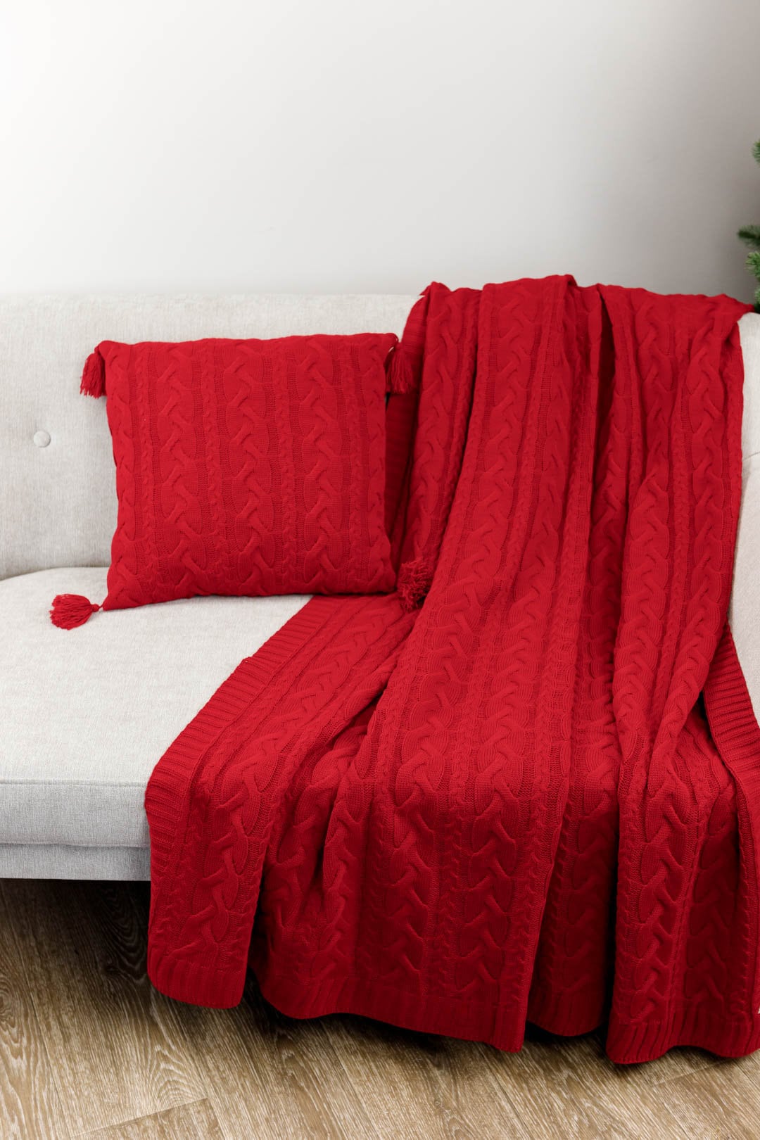 Red Cable Knitted Blanket | Warm Throw, Winter Holidays Home Decor, Housewarming Gift