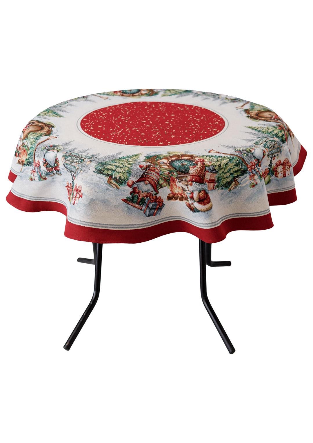 Round Red Tapestry Tablecloth With Christmas Gnomes And Presents Pattern | Winter Holidays Textile, Festive Home Decor