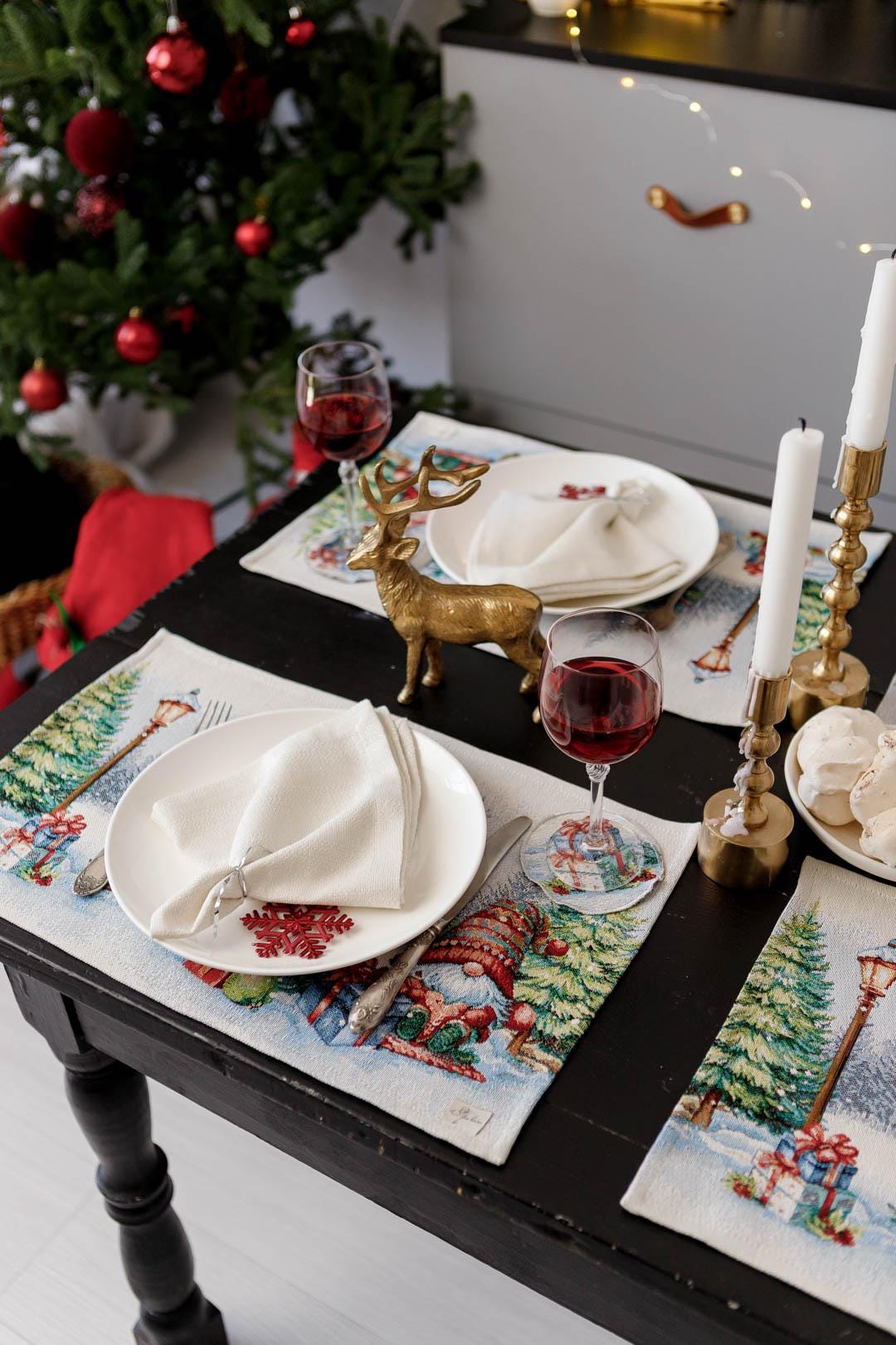 Set Of Four Tapestry Placemats With Christmas Gnomes And Presents Pattern | Festive New Year Textile Set, Housewarming Gift