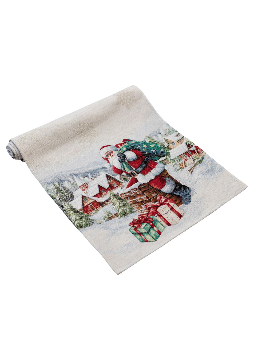 White Tapestry Table Runner With Santa Claus, Chimney, Presents, Christmas Wreath Pattern | Winter Holidays Textile, Festive Home Decor