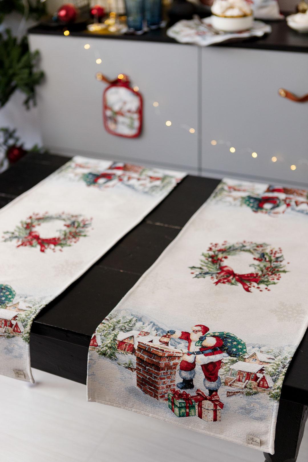 White Tapestry Table Runner With Santa Claus, Chimney, Presents, Christmas Wreath Pattern | Winter Holidays Textile, Festive Home Decor