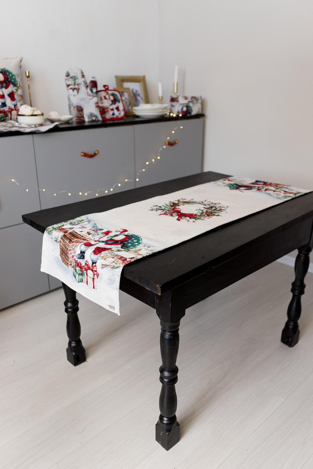 White Tapestry Table Runner With Santa Claus, Chimney, Presents, Christmas Wreath Pattern | Winter Holidays Textile, Festive Home Decor