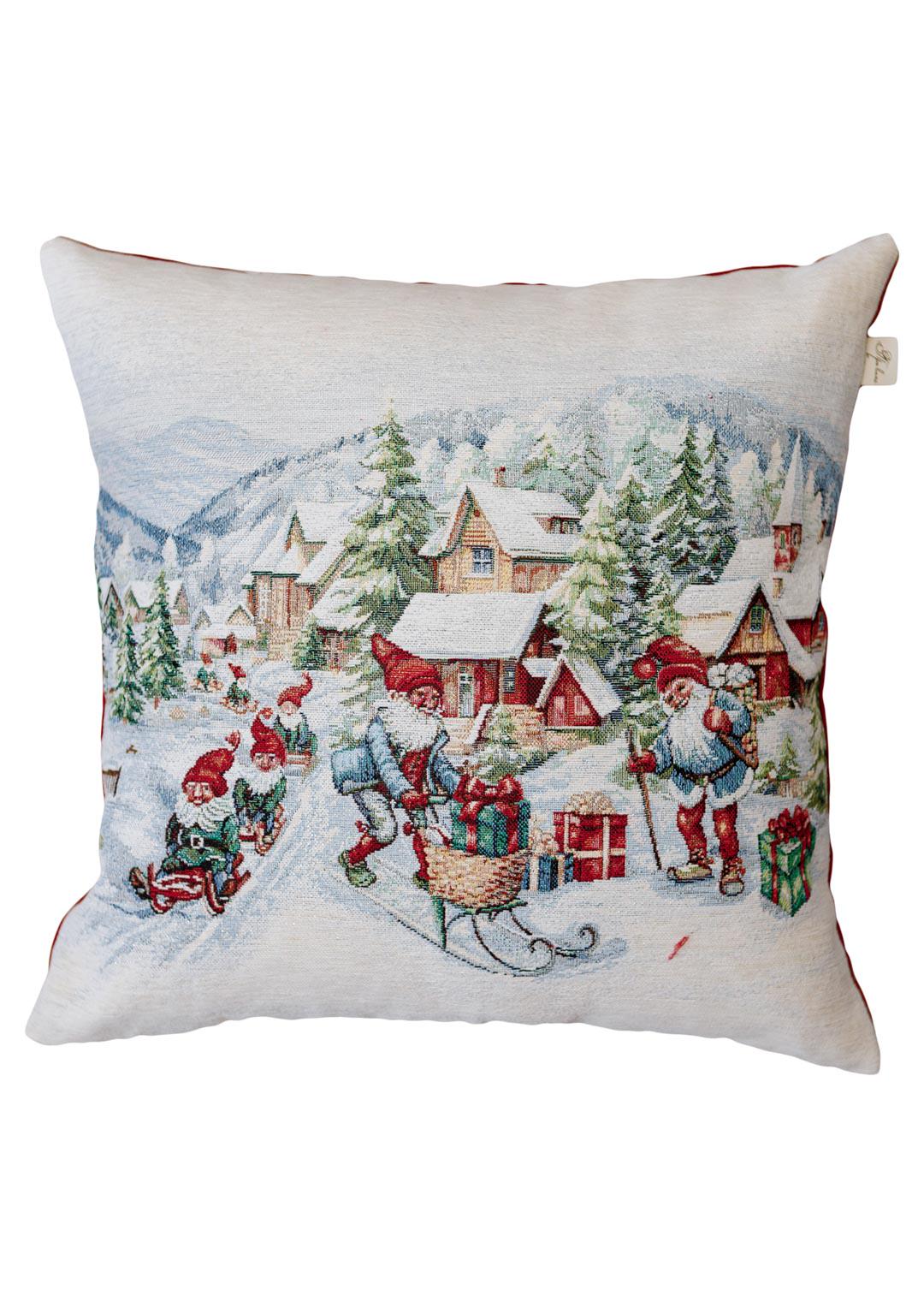 White Tapestry Pillowcase With Christmas Gnomes, Presents, Snowy City Pattern | Winter Holidays Textile, Festive Home Decor