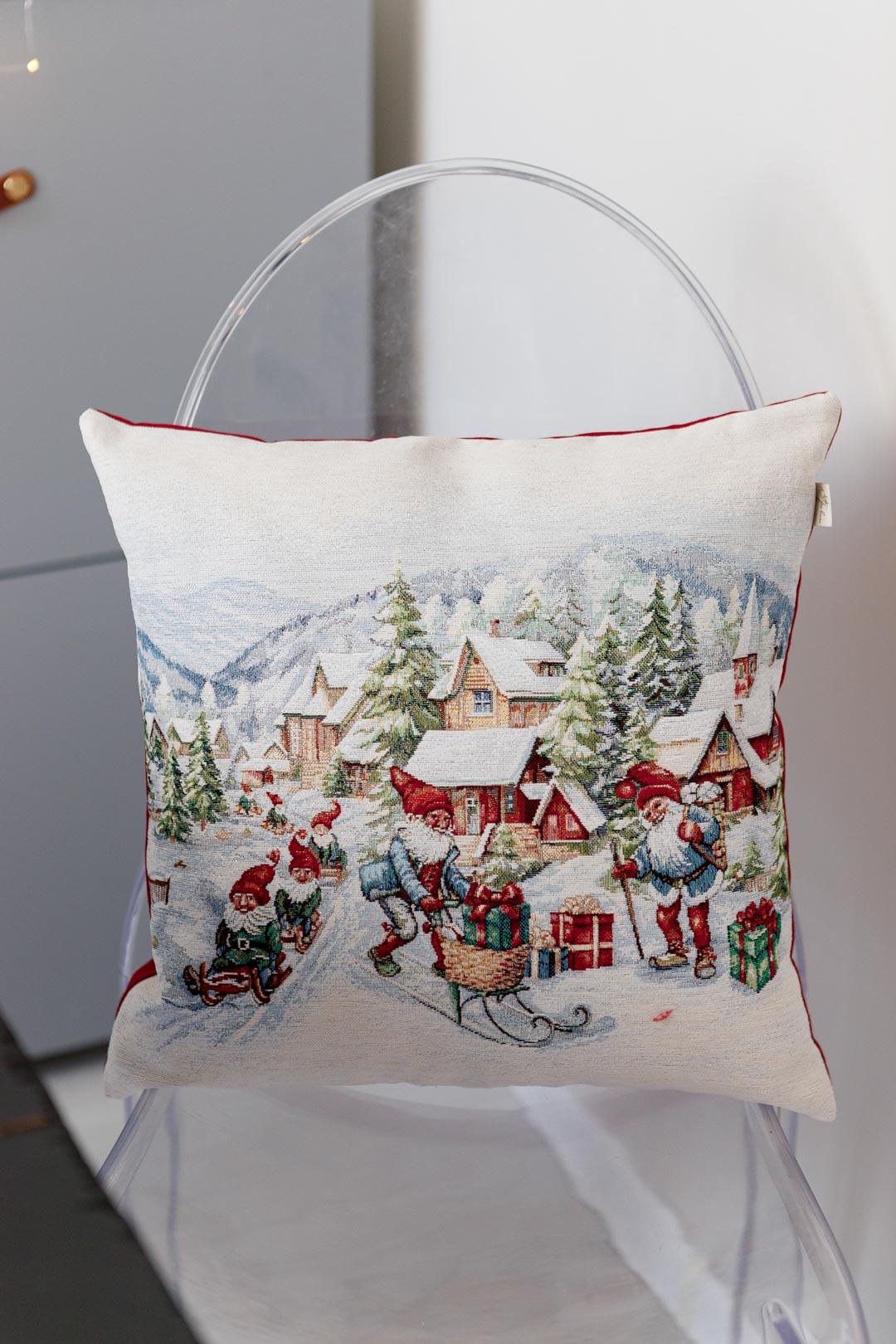 White Tapestry Pillowcase With Christmas Gnomes, Presents, Snowy City Pattern | Winter Holidays Textile, Festive Home Decor