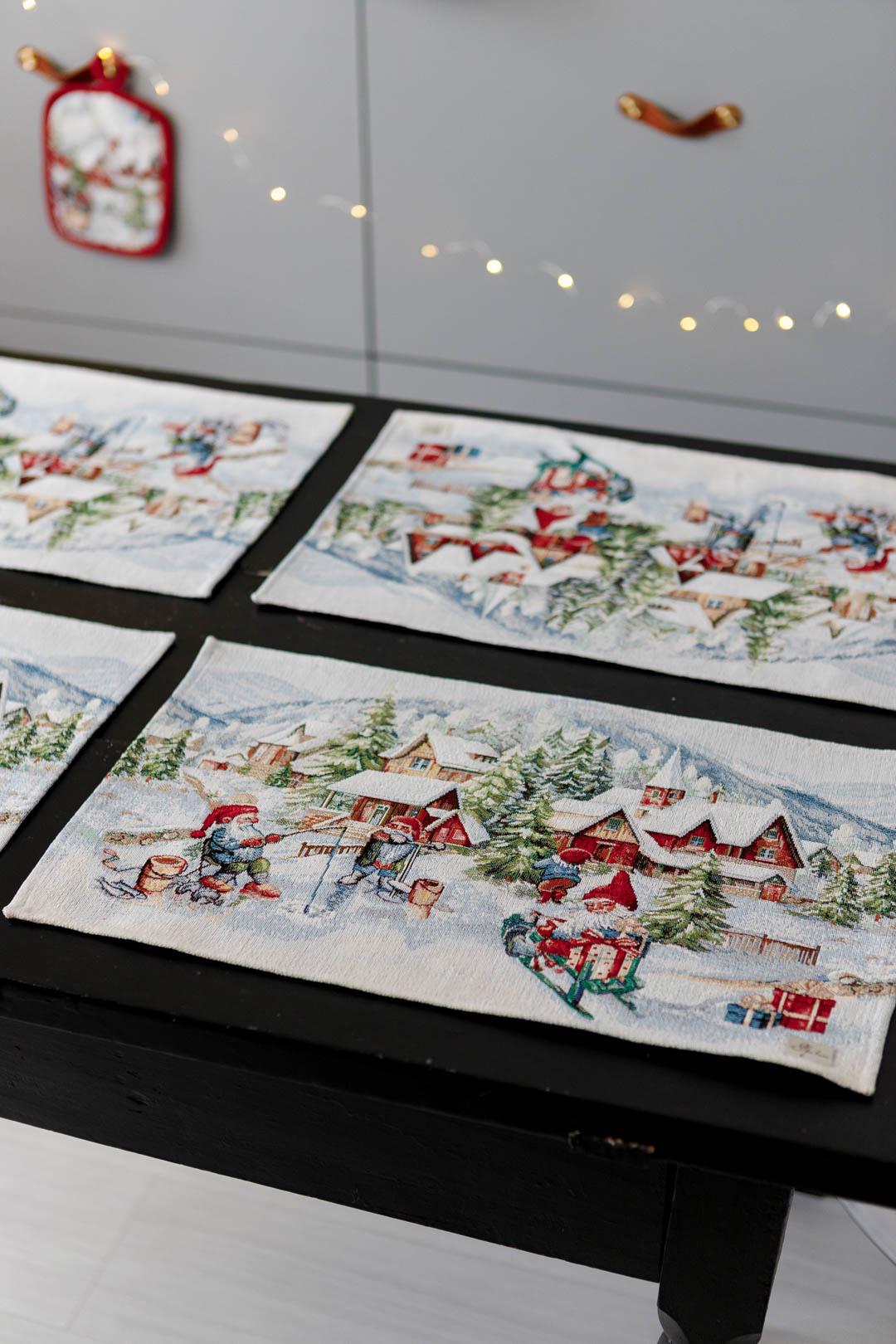 Set Of Four White Tapestry Placemats With Christmas Gnomes And Sled Pattern | Festive New Year Textile Set, Housewarming Gift
