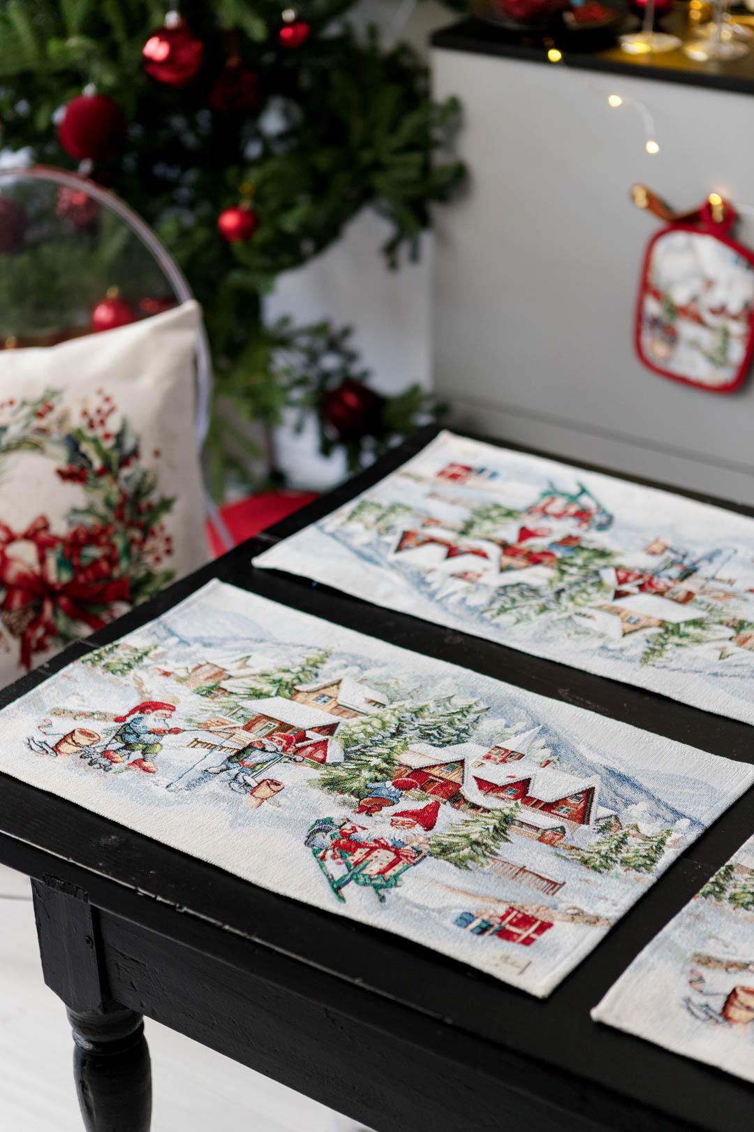 Set Of Four White Tapestry Placemats With Christmas Gnomes And Sled Pattern | Festive New Year Textile Set, Housewarming Gift