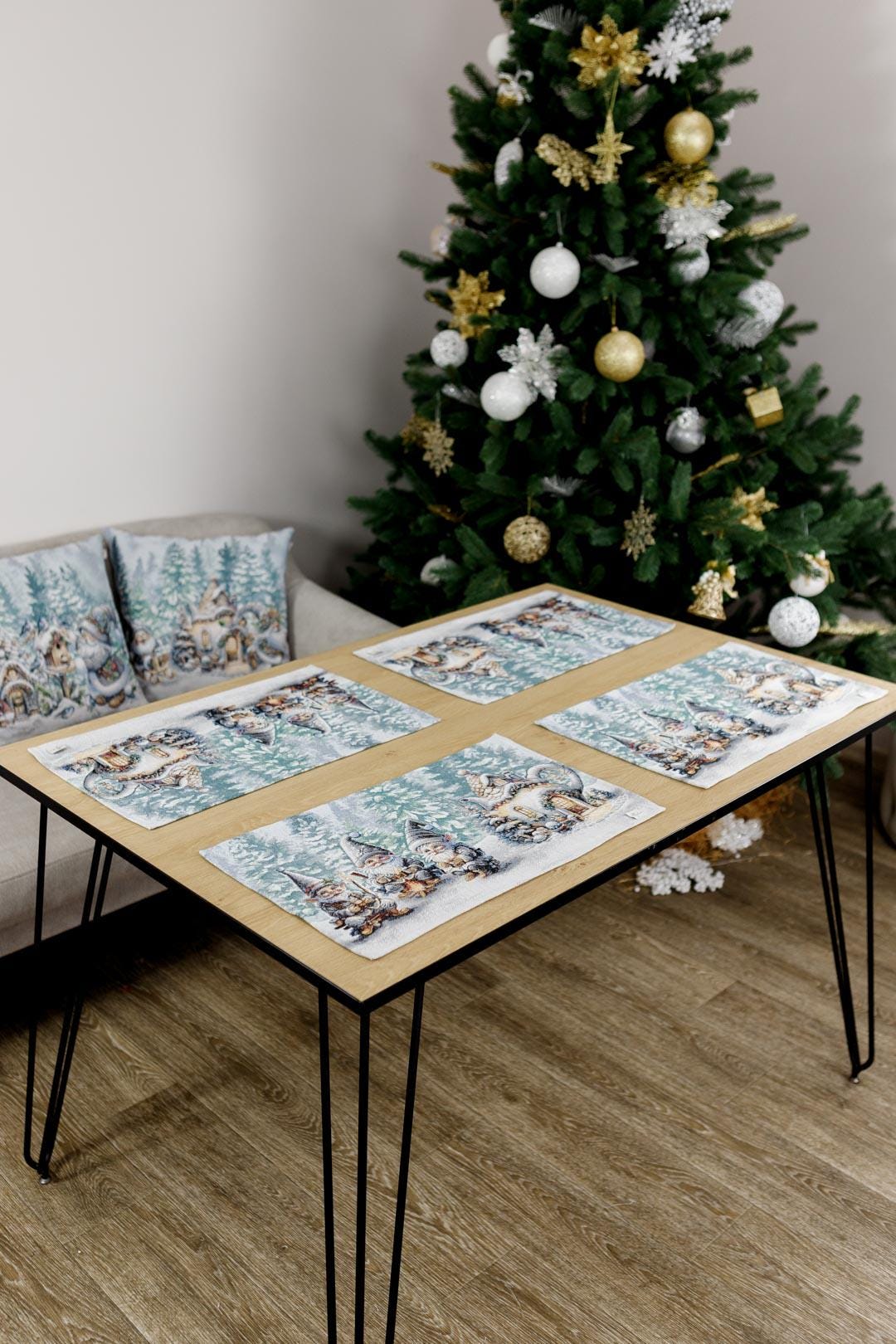 Set of Four White Tapestry Placemats With Christmas Gnomes And Bonfire Pattern | Festive New Year Textile Set, Housewarming Gift
