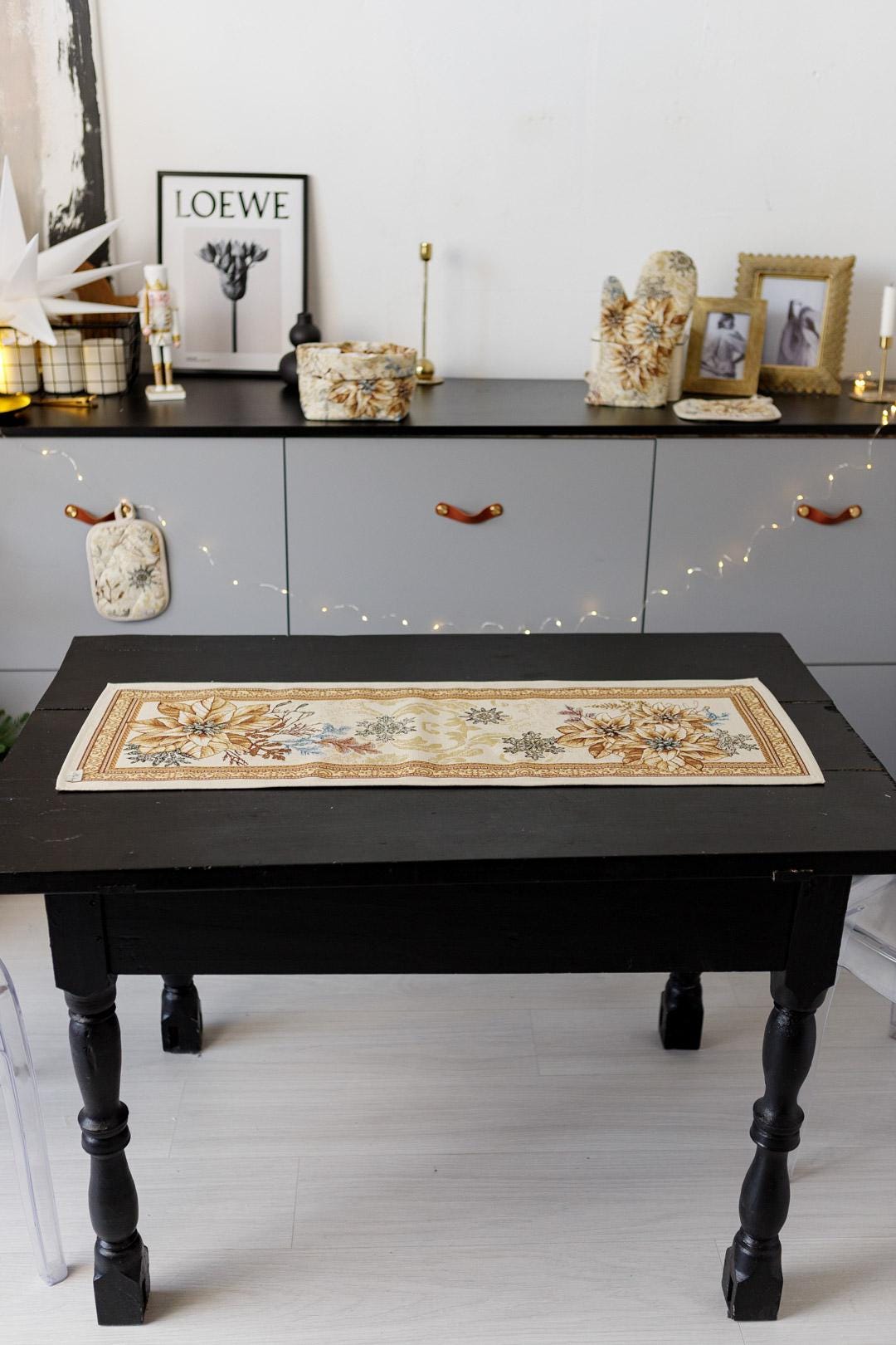 Gold Tapestry Table Runner With Christmas Poinsettia Flower Pattern | New Year Festive Home Decor, Housewarming Gift Idea