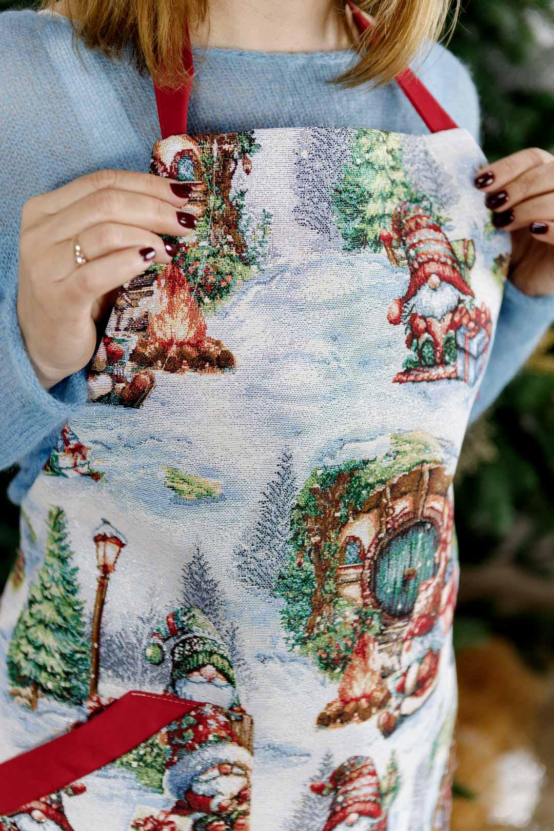Set Of Christmas Tapestry Kitchen Apron, Oven Mitten, Potholder With X-mas Gnomes, Presents And Bonfire Pattern | New Year Textile Set