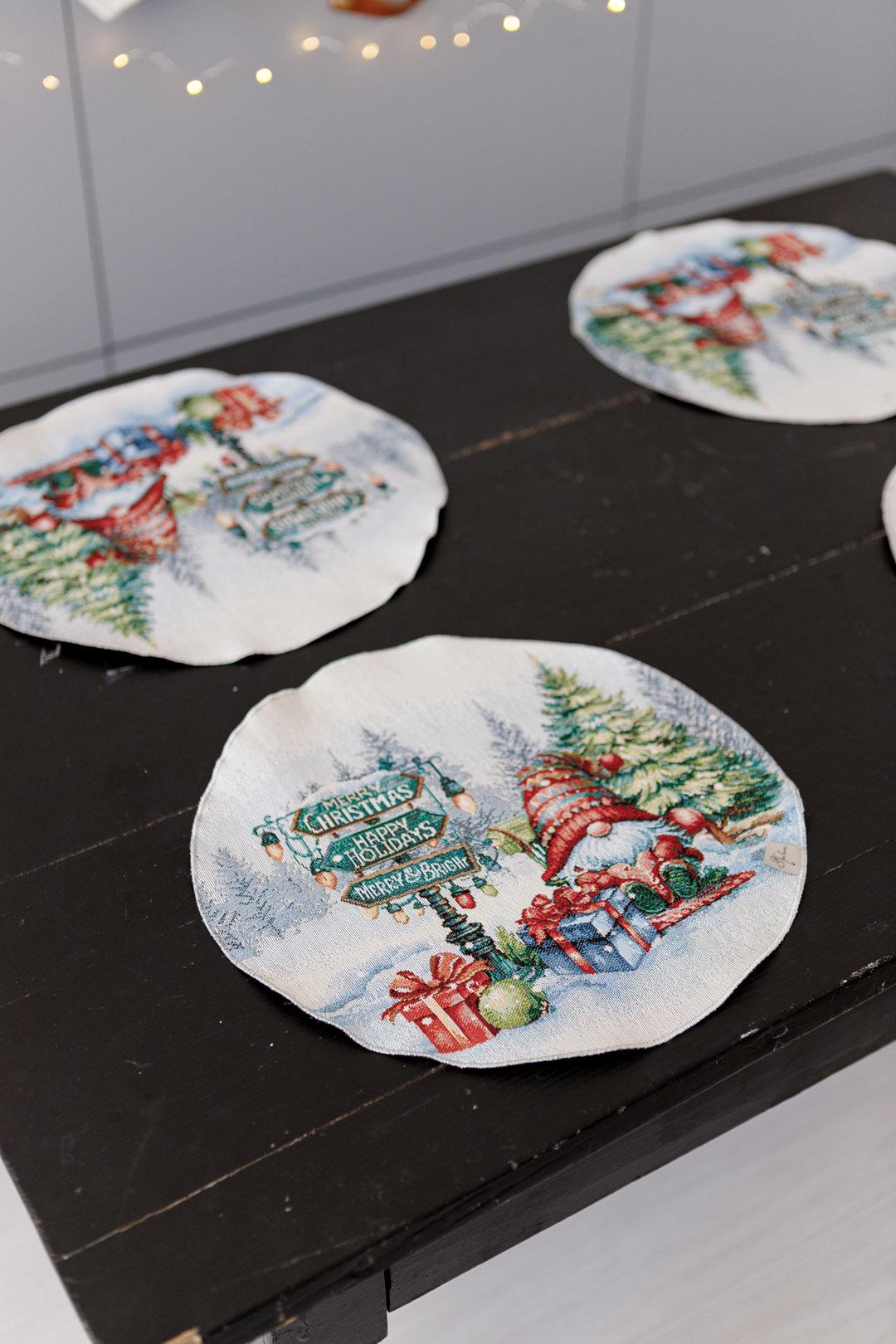 Set of Four White Round Placemats With Christmas Gnomes And Presents Pattern | Festive New Year Textile Set, Housewarming Gift