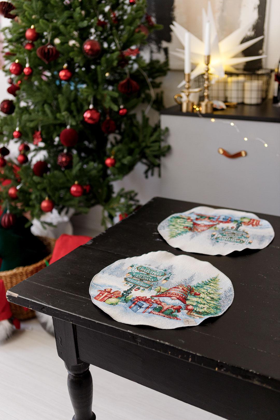 Set of Four White Round Placemats With Christmas Gnomes And Presents Pattern | Festive New Year Textile Set, Housewarming Gift