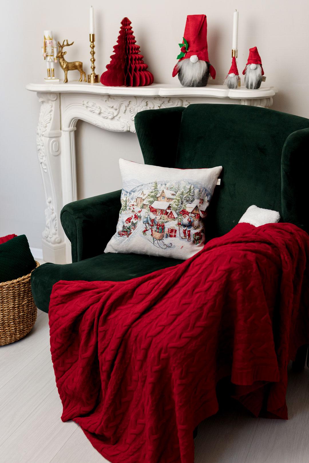 White Tapestry Pillowcase With Christmas Gnomes, Presents, Snowy City Pattern | Winter Holidays Textile, Festive Home Decor