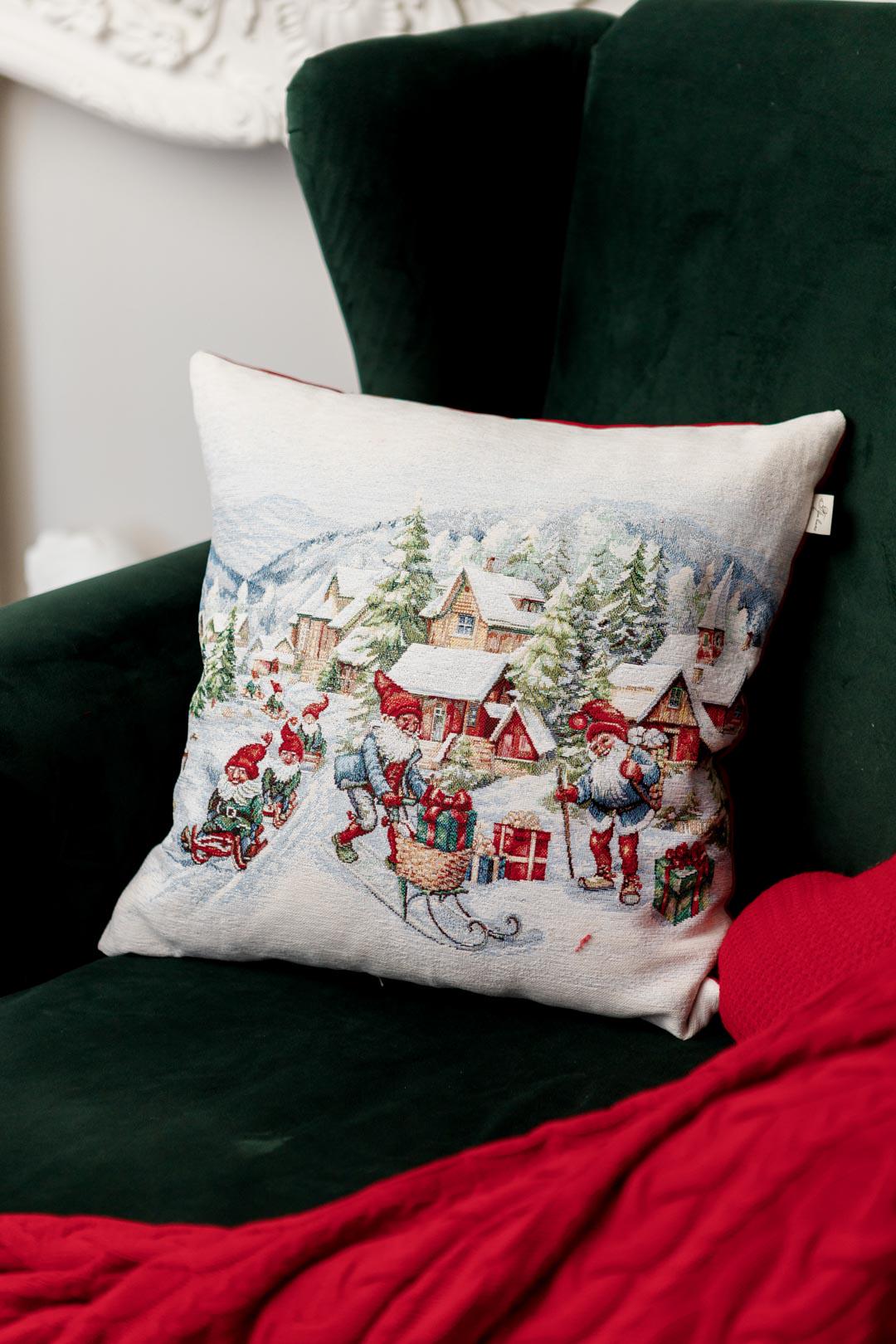 White Tapestry Pillowcase With Christmas Gnomes, Presents, Snowy City Pattern | Winter Holidays Textile, Festive Home Decor