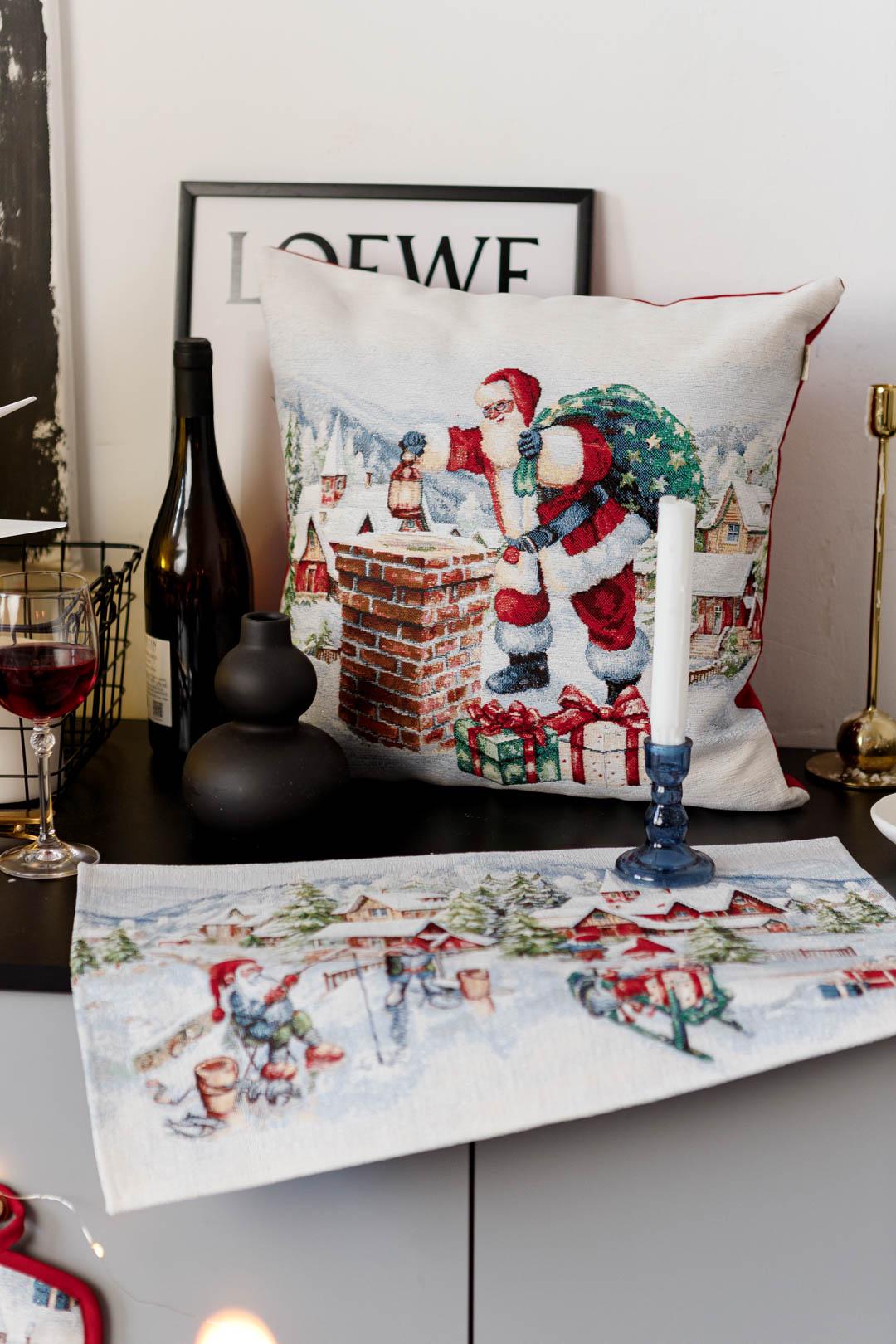 White Tapestry Pillowcase With Santa Claus, Presents, Chimney Pattern | Winter Holidays Textile, Festive Home Decor