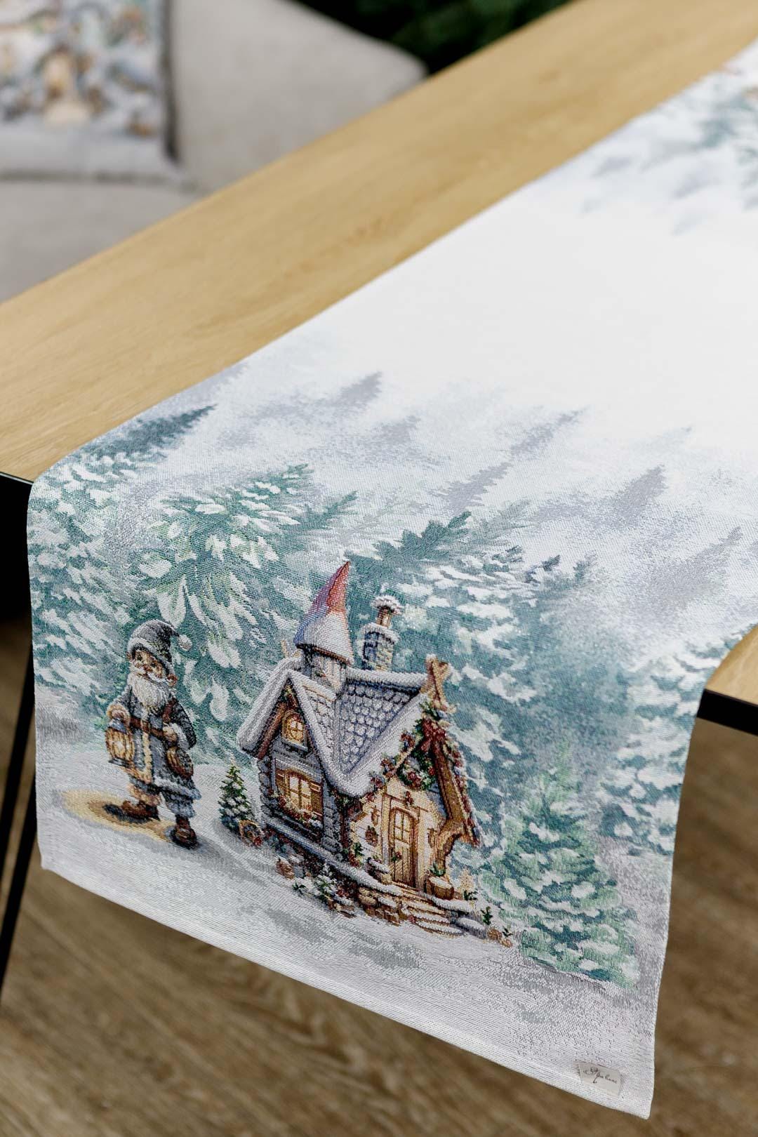 White Tapestry Table Runner With Christmas Gnomes, Hut And Snowy Forest Pattern | Winter Holidays Textile, Festive Home Decor