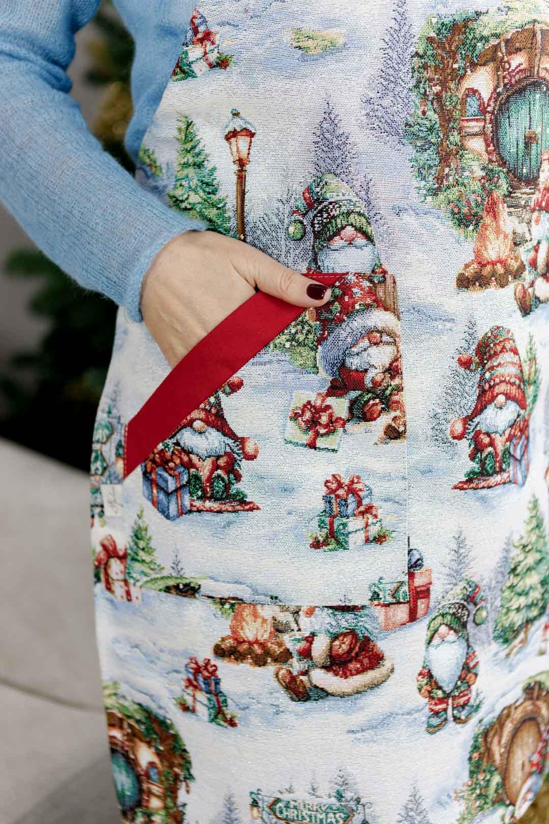 Set Of Christmas Tapestry Kitchen Apron, Oven Mitten, Potholder With X-mas Gnomes, Presents And Bonfire Pattern | New Year Textile Set