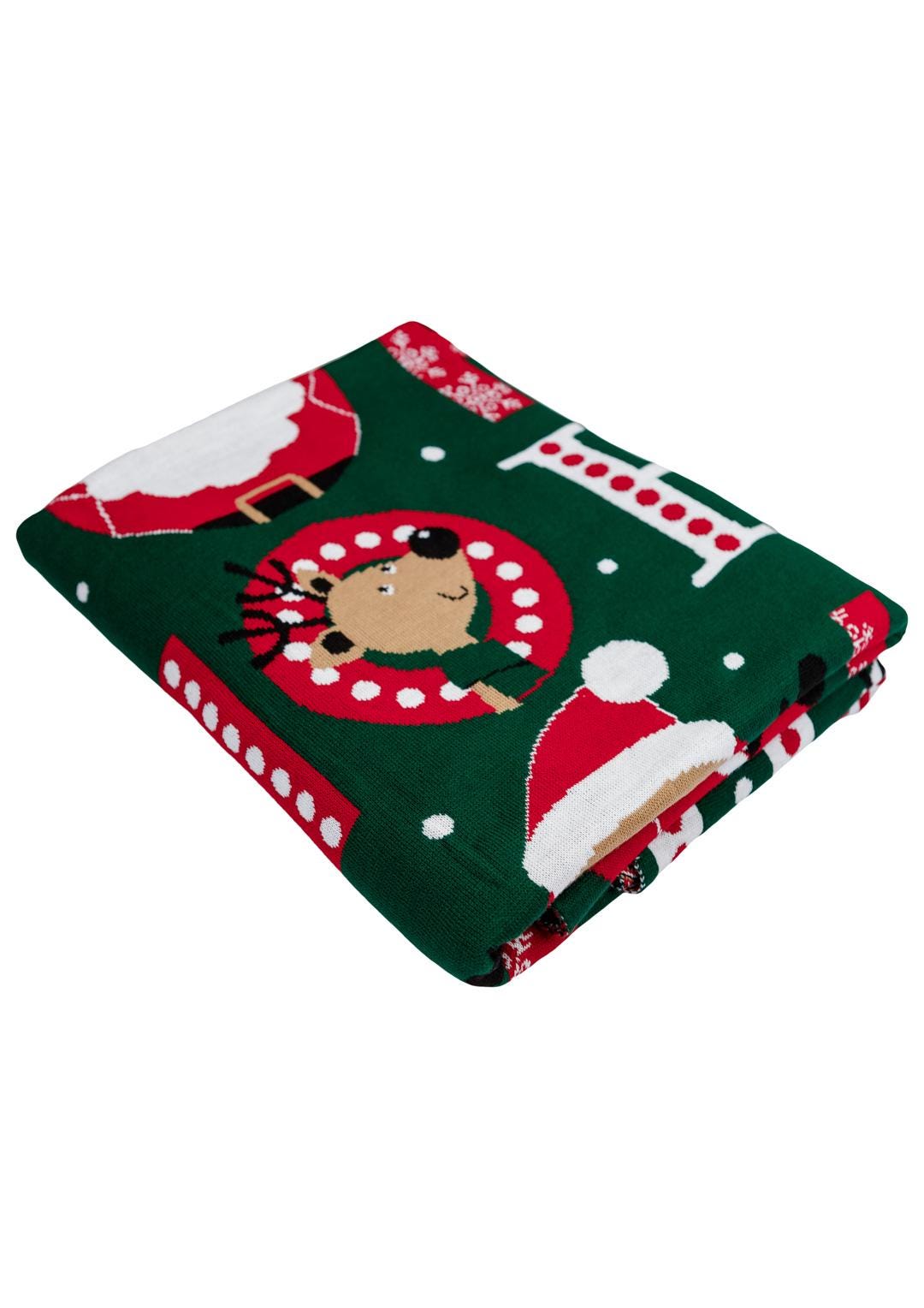 Green Christmas Blanket With Santa Claus, Reindeer, Penguin Pattern | Ho-Ho Words Print Throw, Housewarming Present