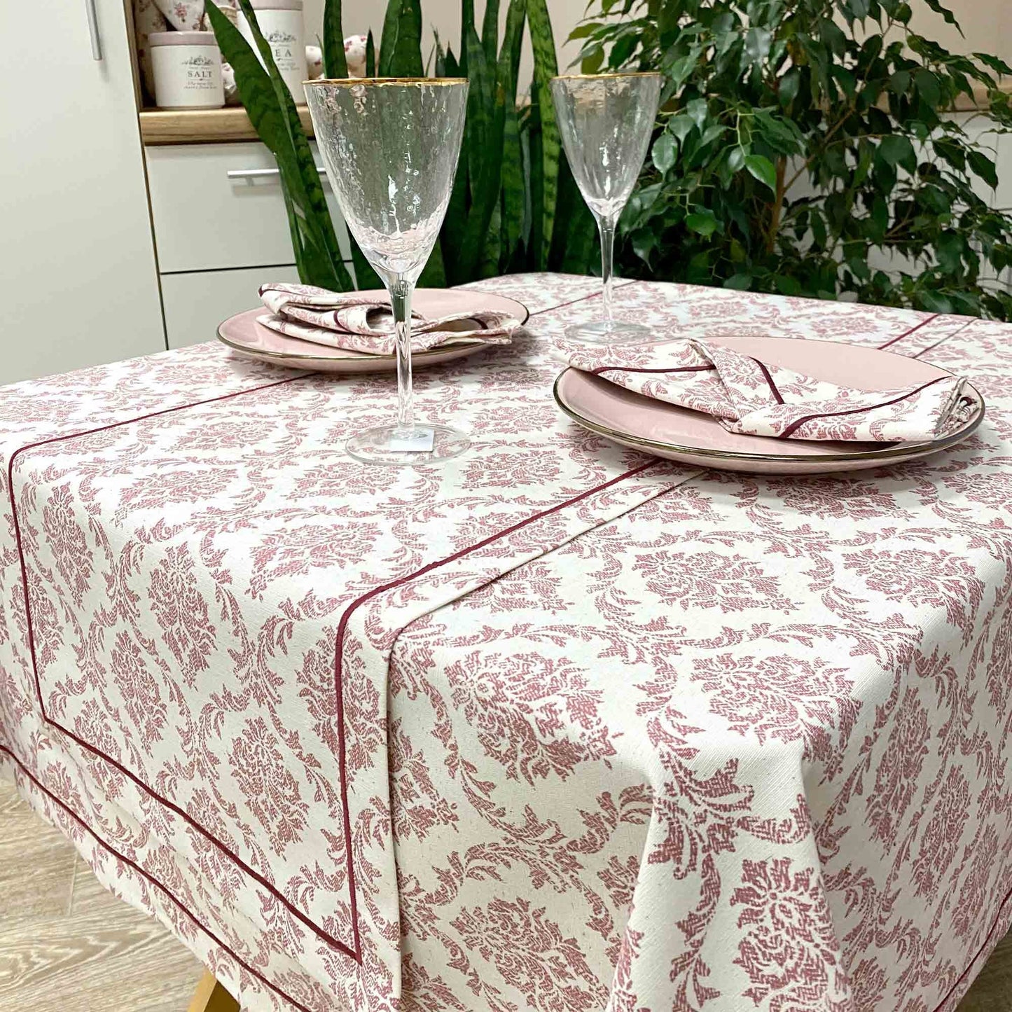 Red French Monogram Tablecloth | Chic Kitchen, Living Room Luxury Textile, Housewarming Gift