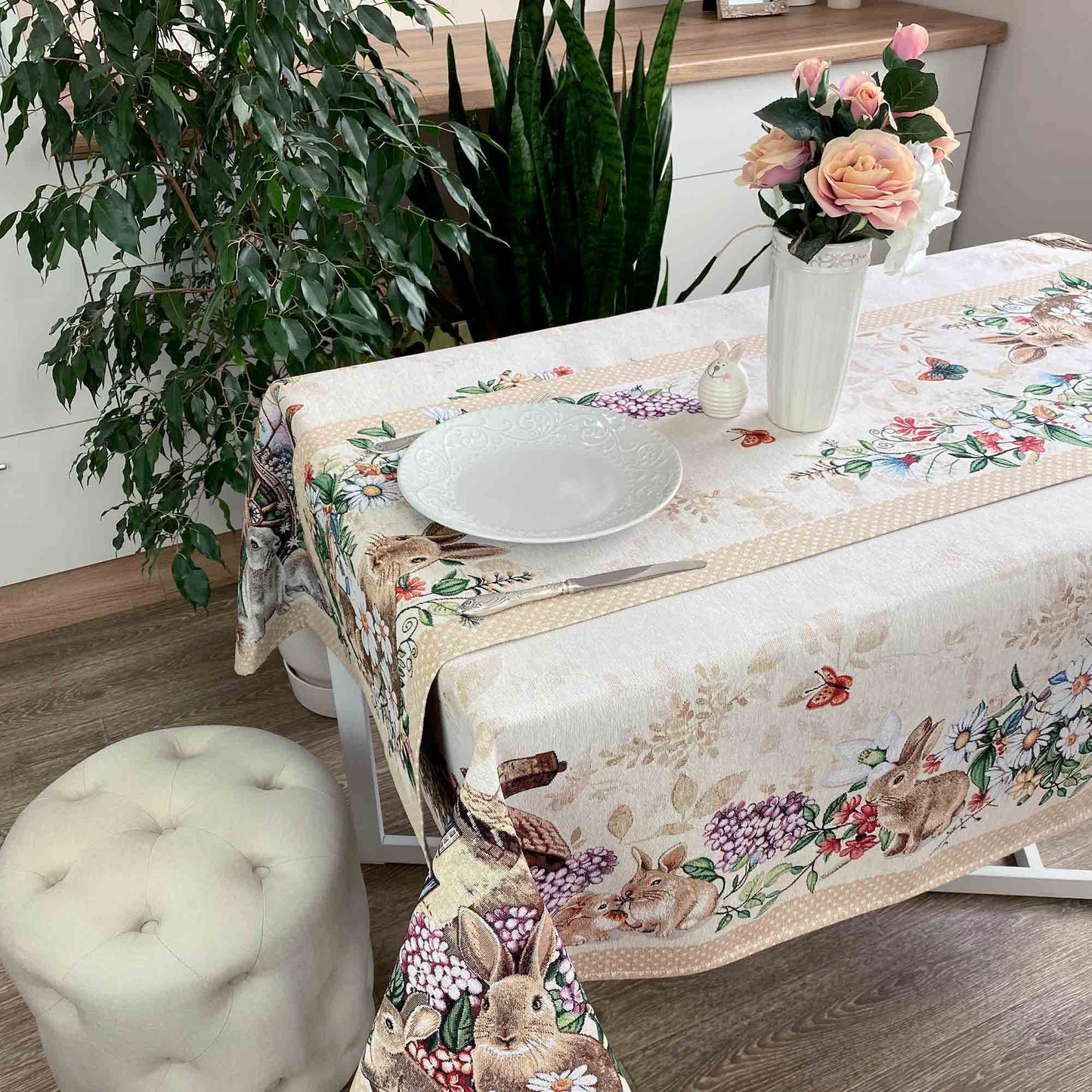 Beige Tapestry Table Runner With Rabbits, Hares And Flowers Pattern | Kitchen, Living Room Festive Home Decor, Housewarming Present Idea.