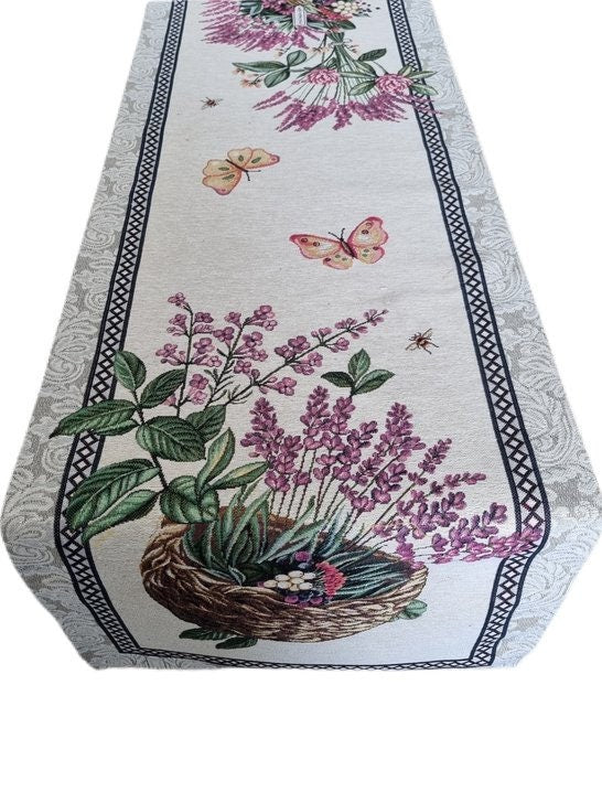 Tapestry Table Runner With Lavender, Flowers, Butterflies Pattern | Home Decor, Family And Friends Present Idea. Ukrainian Textile
