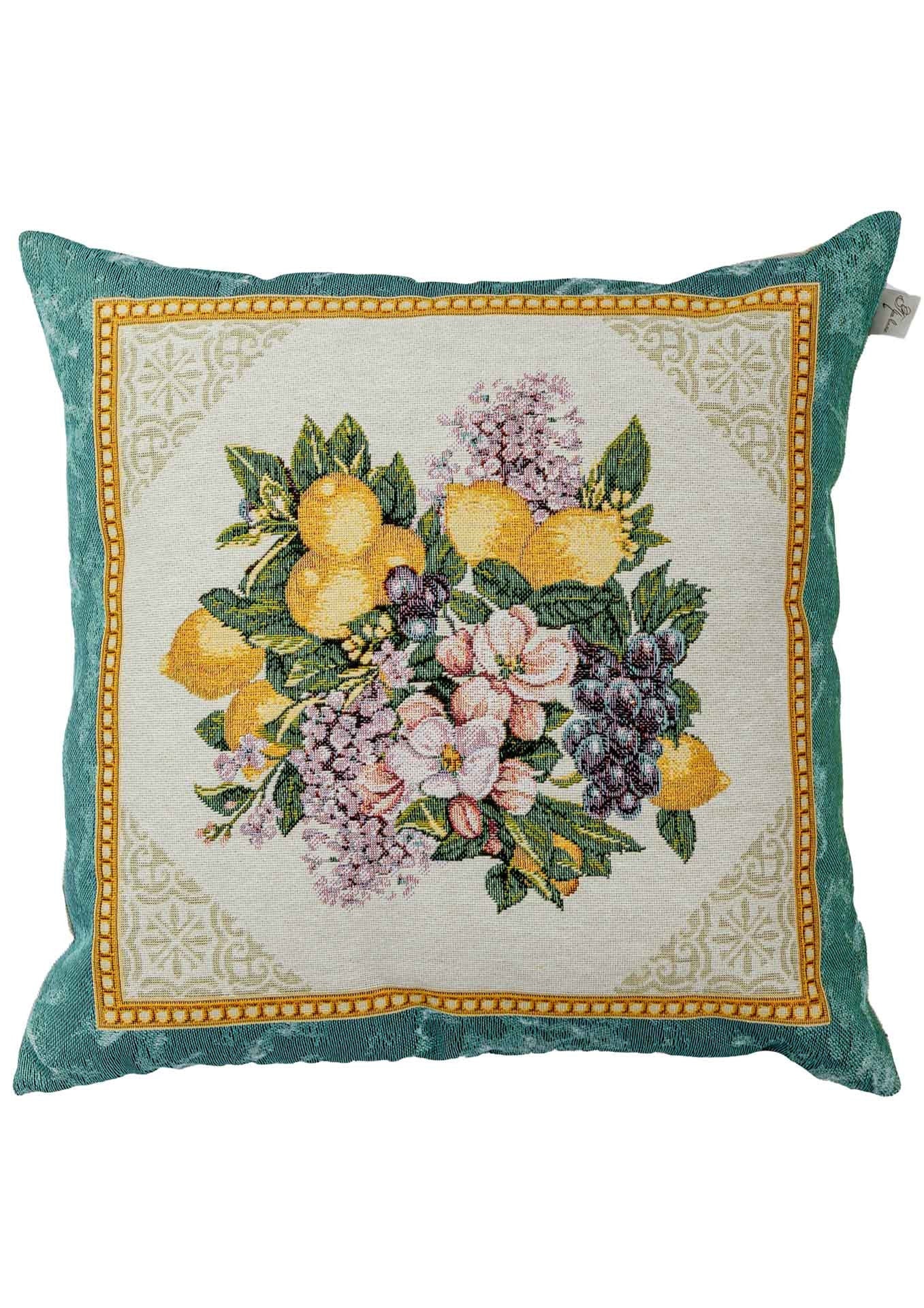 Green And Gold Tapestry Pillowcase With Lemons, Grapes, Flowers Pattern | Luxury Home Decor, Living Room Textile, Gift Idea