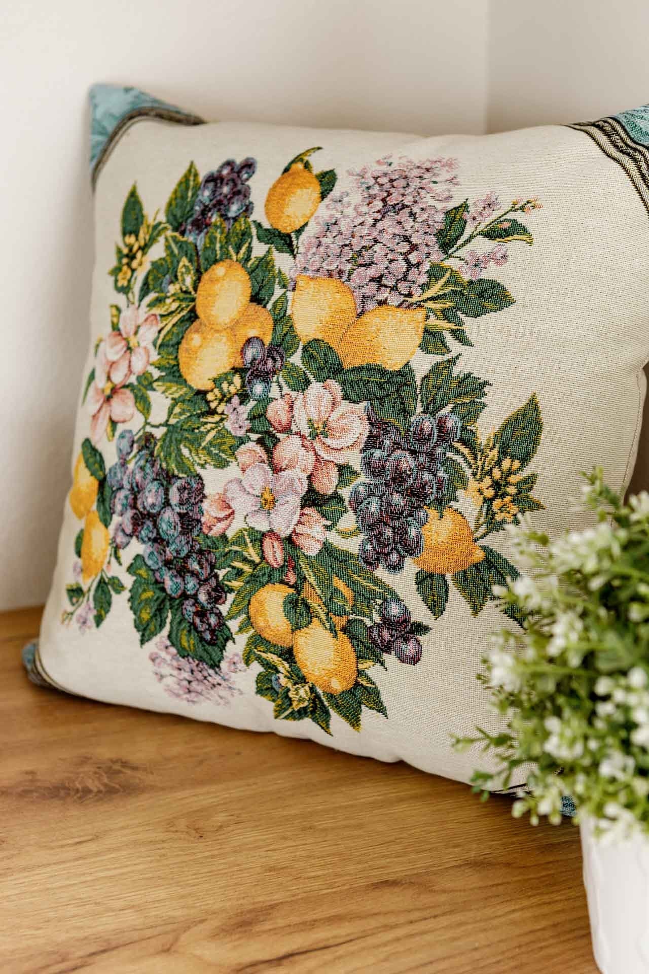 Green And Gold Tapestry Pillowcase With Lemons, Grapes, Flowers Pattern | Luxury Home Decor, Living Room Textile, Gift Idea