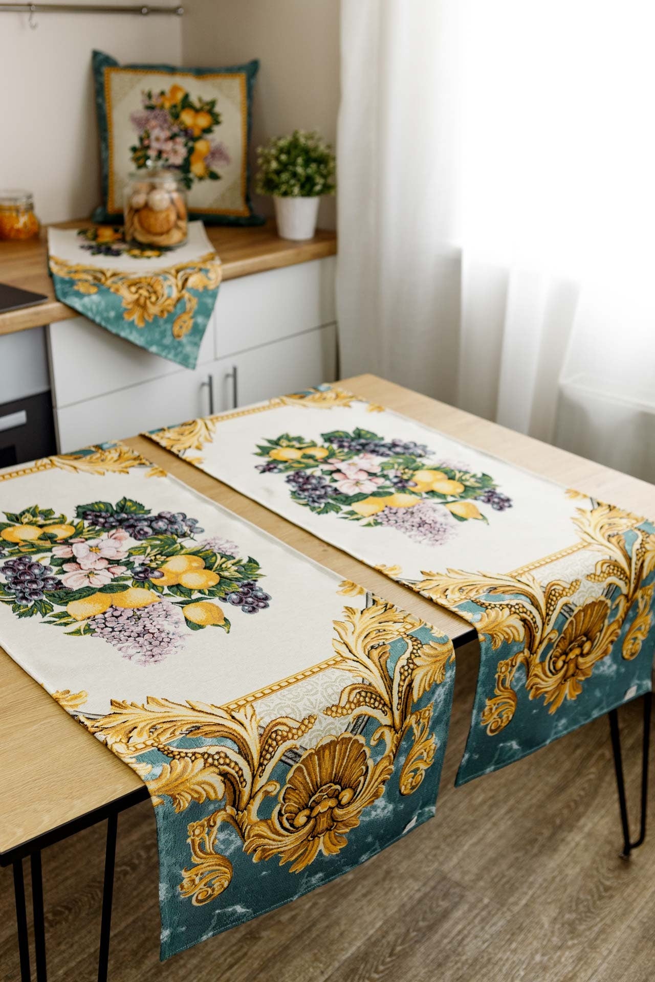 Italian Style Tapestry Table Runner With Lemons, Grapes, Flowers, Gold Monogram Pattern | Luxury Home Decor, Living Room Textile, Gift Idea.
