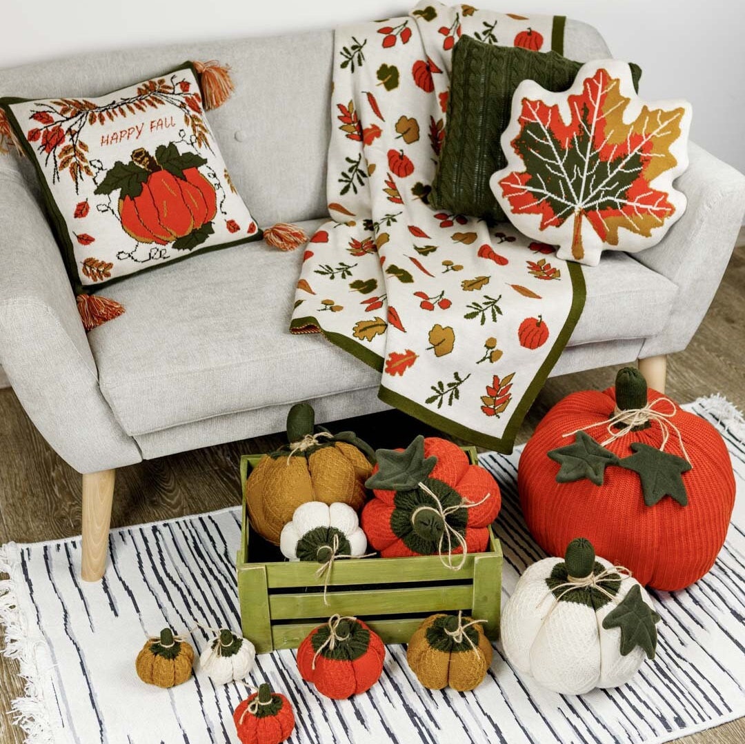 Knitted Fall Blanket | Pumpkin and Autumn Leaves Throw | Halloween Thanksgiving Home Decor | Cozy Living Room Gift