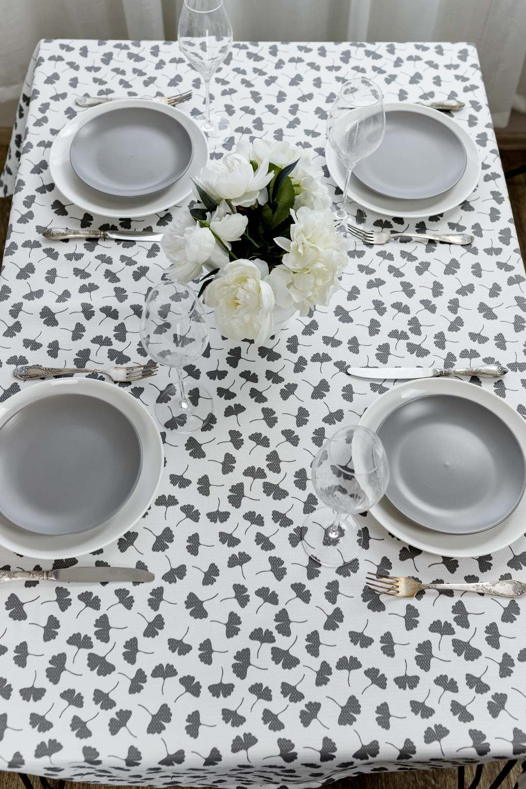White Cotton Tablecloth With Grey Flowers Pattern | Floral Kitchen Table Cover, Housewarming Present Idea