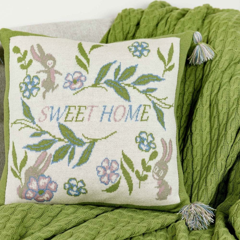 Knitted Pillowcase With Tassels, Bunny, Flowers, Sweet Home Words Pattern | Easter Holiday Festive Home Decor, Living Room, Bedroom Textile Set, Gift Idea