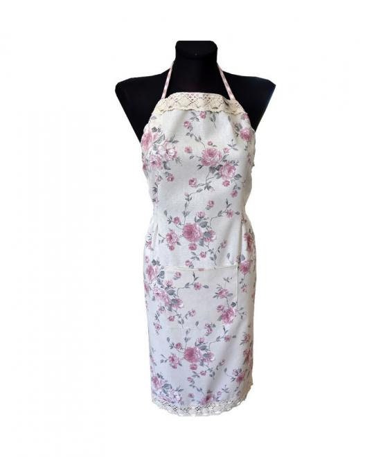 English Roses Cotton Kitchen Apron, Potholder And Oven Mitten With Lace | French Style Floral Textile Set, Housewarming Gift