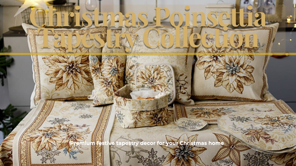 Luxury Christmas tapestry tablecloth and pillow set in gold — New Year home decor inspiration