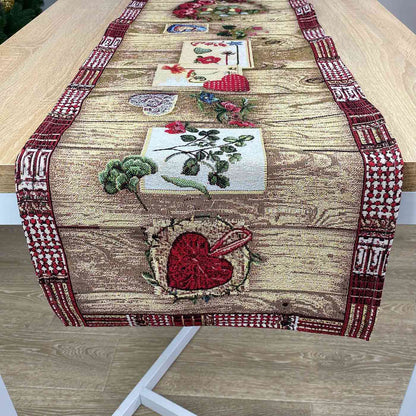 Brown Tapestry Tablecloth With Wooden, Roses, Hearts Pattern | Kitchen, Living Room, Home Decor, Festive Textile Set