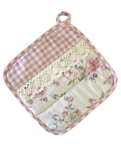 English Roses Cotton Kitchen Apron, Potholder And Oven Mitten With Lace | French Style Floral Textile Set, Housewarming Gift