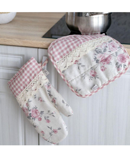 English Roses Cotton Kitchen Apron, Potholder And Oven Mitten With Lace | French Style Floral Textile Set, Housewarming Gift