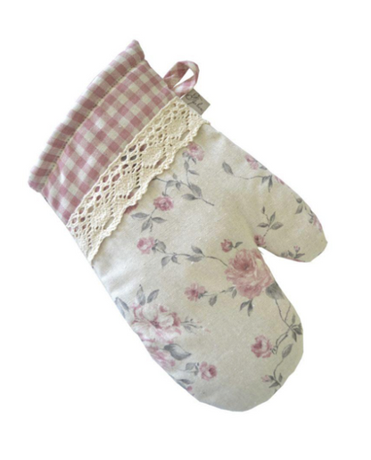 English Roses Cotton Kitchen Apron, Potholder And Oven Mitten With Lace | French Style Floral Textile Set, Housewarming Gift